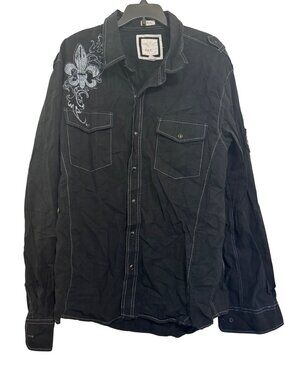 BKE X-Large Slim Fit Black Button-Up Shirt With Embroidered Fleur-De-Lis Design